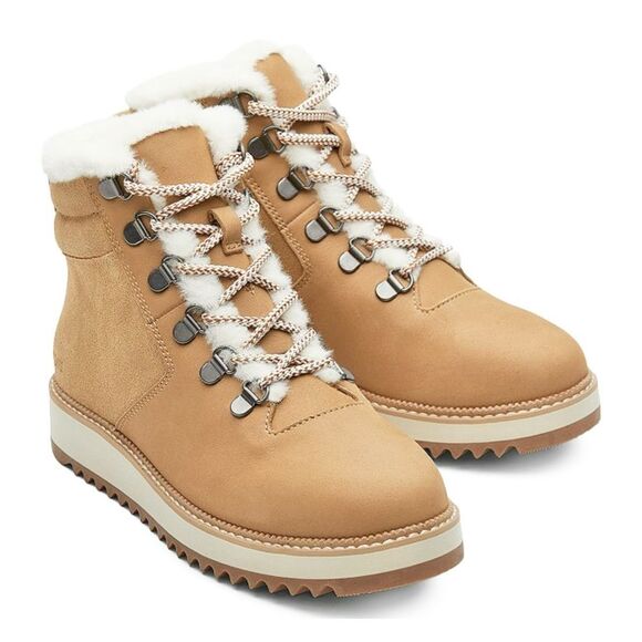 TOMS Platform Ankle Booties Size 7.5 Tan Water Resistant Faux Shearling Nubuck - Picture 1 of 8